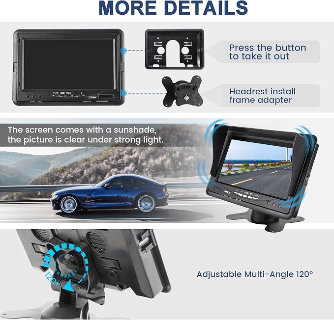 EWAY 7 Inch TFT LCD Monitor Quad Split View HD Full Color 7" Display Screen RCA Video Inputs Supports 4 Channels for Front Rear Side Backup Camera Rearview Reverse Reversing with Remote Control