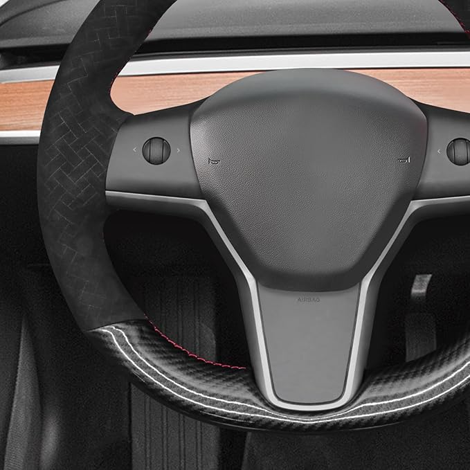 MEWANT DIY Shiny PU Carbon Fiber Woven Embossed Athsuede Steering Wheel Cover for Tesla Model Y 2023 Model 3 2017-2023