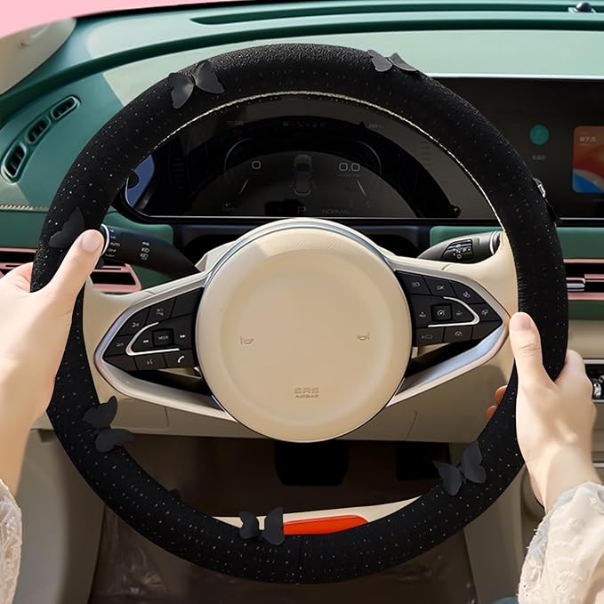 Butterfly Embroidery Steering Wheel Cover, Cute Mesh Fabric Steering Wheel Cover for Women, 14.5-15 Inch Non-Slip Breathable Microfiber Car Steering Wheel Protector