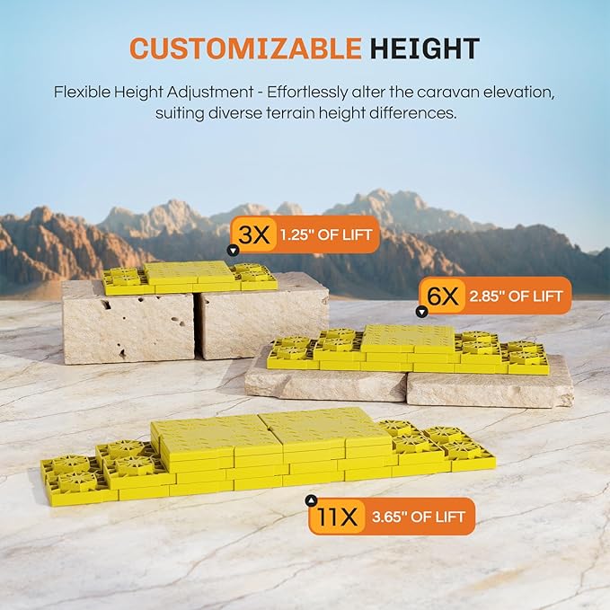 WELLUCK RV Leveling Blocks 12 Pack, Heavy Duty Camper Blocks & Interlocking Design Camper Levelers with 2 Velcro Straps - Customizable Height Sturdy RV Blocks for Single & Dual Wheels