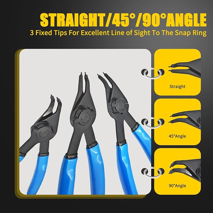 12-Piece Versatile Snap Ring Pliers Set, Internal/External Retaining Ring Pliers with 4 Tip Sizes (0.038/0.047/0.070/0.090in), Heavy Duty Convertible Fixed Tip for Automotive & Machinery