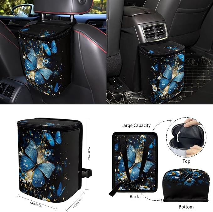 15 Pcs Blue Glitter Butterfly Auto Interior Accessories Car Seat Covers with Auto Steering Wheel Cover Seat Belt Covers Car Trash Can View Mirror Cover Coaster Keychains