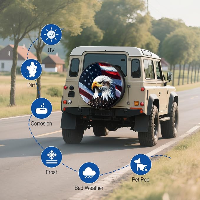 RV Spare Tire Cover with American Eagle USA Flag, Trailer Tire Covers PVC Leather for Truck SUV Wrangler Camper Vehicle Wheel Cover Waterproof Sun Dust Protection16 inch