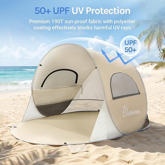 Wolfwise Pop up Beach Tent Sun Shelter with UPF50+ UV Protection, Instant Easy Setup Popup Beach Shade Canopy for 2 Person, Portable & Foldable with Carring Bag, 79 ×49×38 in, Beige