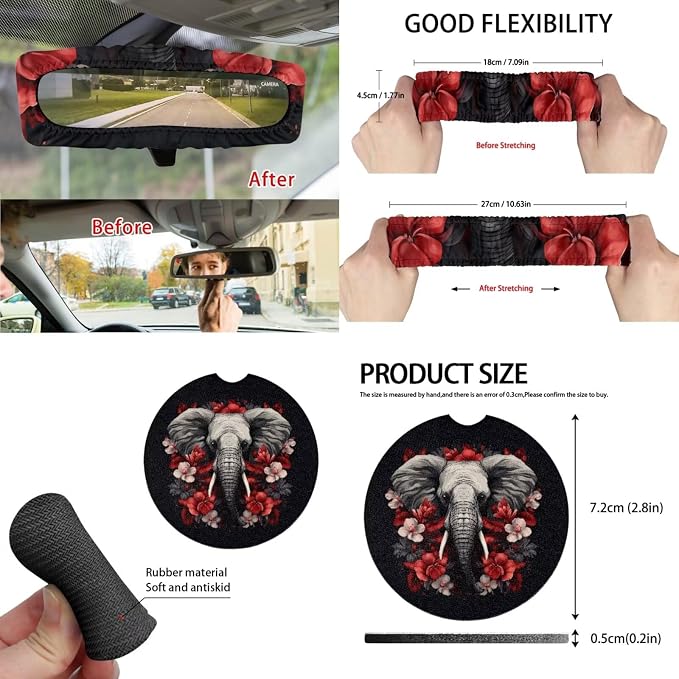 15 Pcs Rose Elephant Car Seat Covers Full Set for Women Goth Car Accessories Interior Car Steering Wheel Cover Seatbelt Covers Trash Bin Rear View Mirror Cover Cup Holders Keychain
