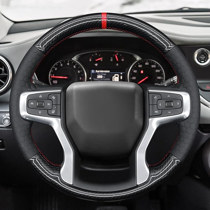 MEWANT Steering Wheel Cover for Chevy Silverado 1500 2019-2024/2500 3500 2020-2024/Blazer 2019-2024/Suburban Tahoe 2021-2024 Carbon Fiber Hand-Stitched Steering Wheel Wrap