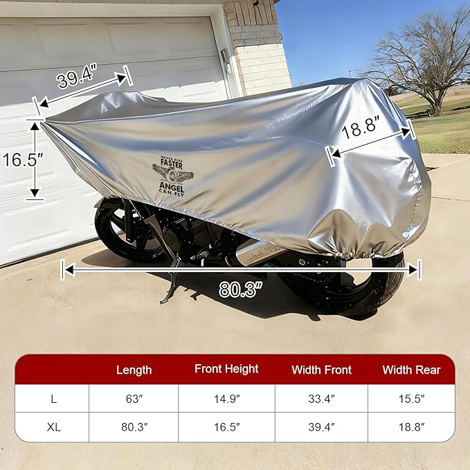 Dream Apparel Motorcycle Half Cover, Waterproof Motorcycle Cover for Outdoor, Rain Snow Dust Protection Universal Fit Heavy Duty Motorbike Vehicle Cover with Storage Bag, Silver with Wing Wheel XL