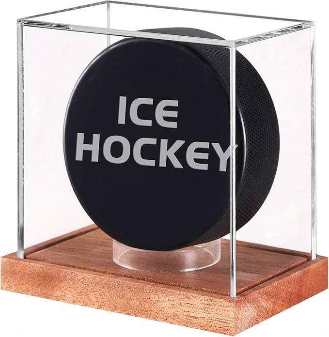 LITY Hockey Puck Display Case, No Assembly Required Acrylic Clear Holder with Wood Base, Autograph Souvenir Display Stand, Perfect Showcase for Your Collection