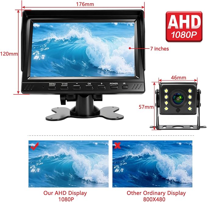RV Backup Camera Plug and Play 7 Inch AHD 1080P Rear View Camera System, No Delay 2 Channels, Wide Angle Night Vision Wired Reverse Camera Monitor Kit for Truck Trailer Camper Tractor Van