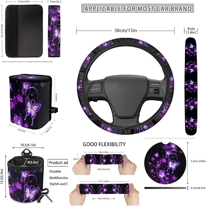 Dreaweet Purple Butterfly Car Seat Covers Full Set for Women Car Accessories Seat Cover Steering Wheel Cover Seatbelt Covers Car Coasters Garbage Bin Rear View Mirror Cover Keychain Air Vent Pouch
