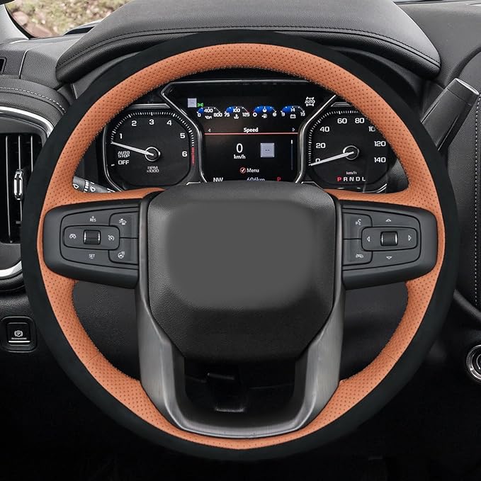 MEWANT Hand Stitch 3D Style Real Leather Steering Wheel Protector Wrap Cover for GMC Sierra 1500 2019-2023/Sierra 1500 Limited 2022/Sierra 2500 2020-2024/Sierra 3500 2020-2024/Yukon 2021-2023