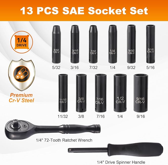 Reniteco 13-Piece 1/4" Drive Socket Set, SAE (3/16"- 11/32"), Deep Sockets, 72-Tooth Ratchet Wrench, Drive Spinner Handle, 6 Point Design, Cr-V
