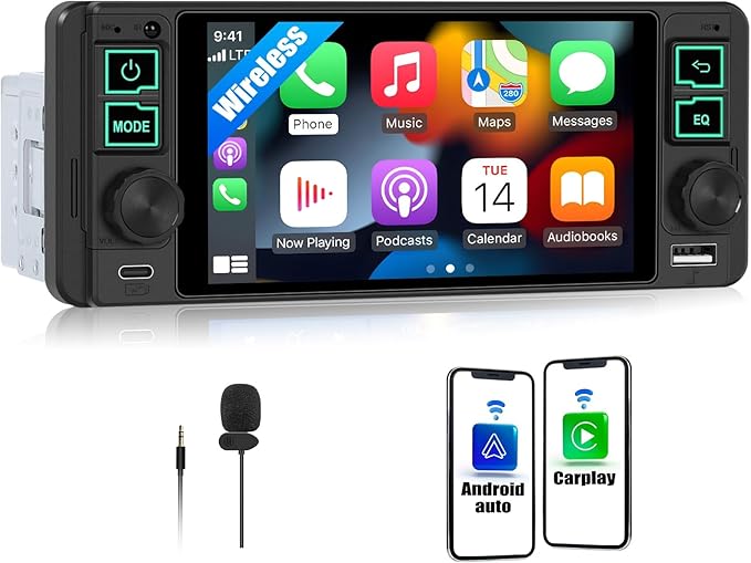 Single Din Car Stereo with Wireless Apple Carplay Android Auto, 5.1" InCell Touchscreen Car Radio with Bluetooth 5.2 Handsfree Mirror Link 1 Din Head Unit with FM/Type-C/USB/EQ/Microphone