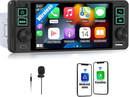 Single Din Car Stereo with Wireless Apple Carplay Android Auto, 5.1" InCell Touchscreen Car Radio with Bluetooth 5.2 Handsfree Mirror Link 1 Din Head Unit with FM/Type-C/USB/EQ/Microphone