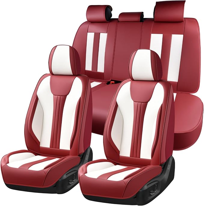 Huidasource Universal Car Seat Covers, Luxury Waterproof Faux Leather, Airbag Safe, Simple Installation, Stain Resistant, Ideal for Families and Pet Owners, Red & White