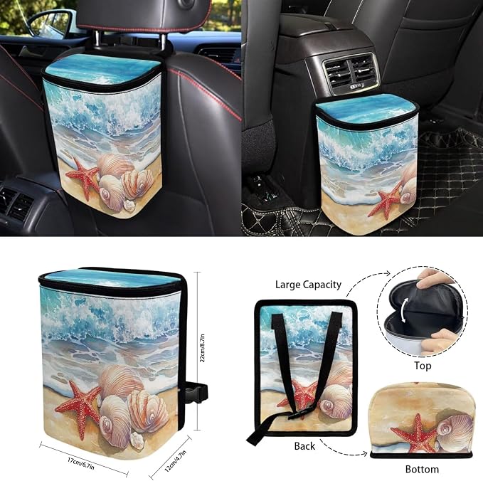 Beach Starfish Print 15 PCS Car Seat Cover Set with Auto Steering Wheel Cover Seat Belt Strap Protector Cup Holder Trash Bag Rear View Mirror Protector Keychain