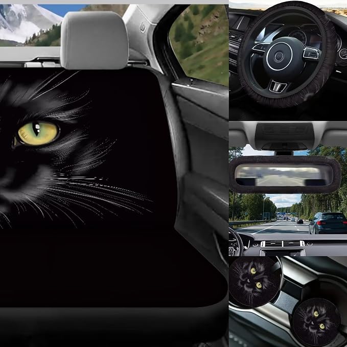 17Pcs Black Cat Car Seat Covers Full Set with Front and Split Rear Bench,Cool Cat Car Interior Accessories of 17 Pcs with Headrest Covers,Vehicle Trash Bag for Women Universal Fit Most Car