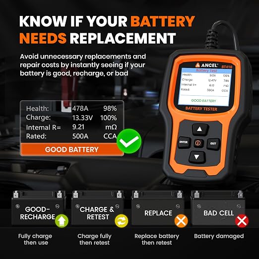 ANCEL BT410 12V 24V Car Battery Tester for Lead-Acid & Lithium Batteries, 100-2000 CCA Automotive Battery Load Tester Health Cranking Charging System Alternator Test for Motorcycle Car Truck RV Boat