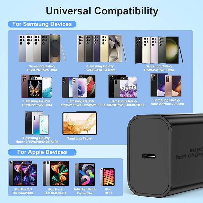 45W Super Fast Charger USBC for Samsung Galaxy S25 S24 S23 S22 S21 Ultra/Plus, 9+9FT Type C Charger Fast Charging Cable Cord& Android Block for Tab S10 S9 S8 S7,iPhone 17/16/15(Pro Max/+),iPad