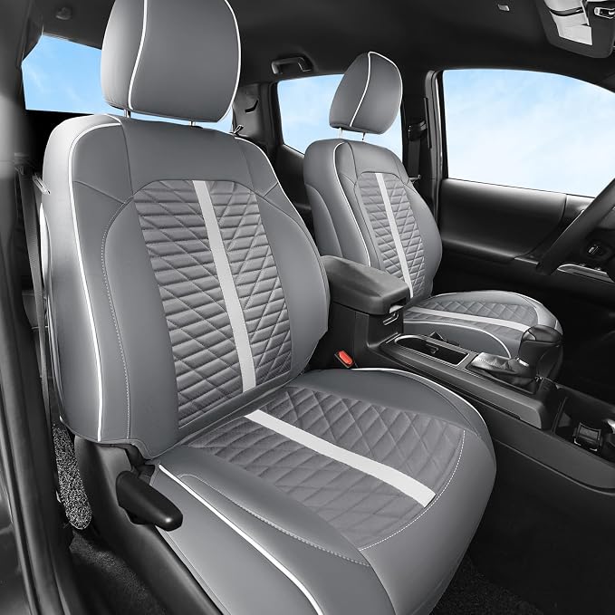 Car Seat Covers Fit for Toyota Tacoma 2016-2023 3rd Gen Double & Crew Cab SR SR5 Limited TRD Sport/Pro/Off Road Full Set,Waterproof Breathable Leather Full Coverage (Grey White)