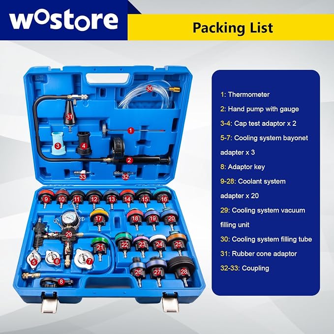Wostore 33pc Coolant Pressure Tester Kit, Radiator Cooling Filling System Vacuum Pump Leak Test with 23 Adapters for Tesla Model 3/Y, BMW, Ford, Toyota... Universal for Auto Car Airlift 2025 New