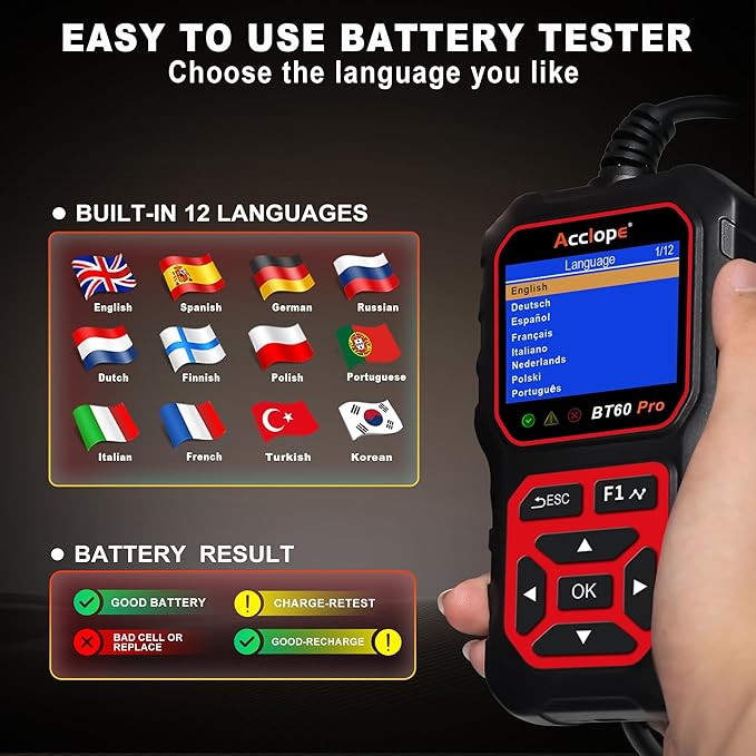 BT60 PRO Car Battery Tester 6V/12V/24V, 2–120Ah, 100–3000 CCA, AGM/Gel/Lithium, Digital Analyzer, QR Cloud Report (No App), Alternator & Starter/Charging System