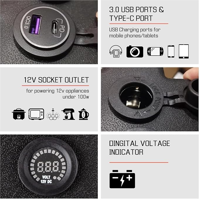 Smart Battery Box 12V - with QC3.0 /PD Type-C Port/CIG Socket/Anderson Plug/Digital Voltmeter/Circuit Breaker for RV Van SUV ATV Camper Truck Car(Battery not Include)
