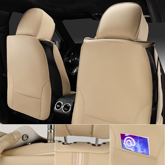 CAR PASS Nappa Leather Seat Covers, Breathable Waterproof Car Seat Covers Full Set, Luxury 3D Sponge Support Full Coverage Seat Protector, Universal Fit SUV Pick-up Truck Sedan Automotive All Beige