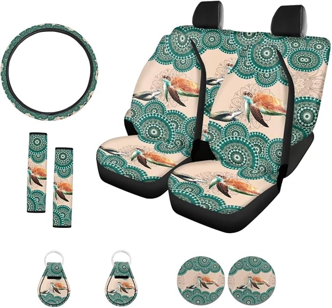Suobstales Boho Mandala Turtle Print Car Seat Covers Full Set for Women Girly Seat Cover Protector Auto Decorative with Steering Wheel Cover +Seat Belt Covers +Coasters +Keychains