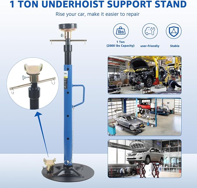 HKTE Underhoist Support Stand with Handle, 1 Ton (2,000 lbs) Capacity, 30.7"–70.8" Adjustable Height, Dual Interchangeable Tops, Under Lift & Vehicle Support Stand, US Patented Design