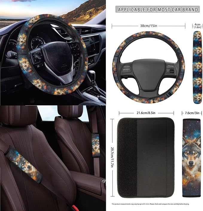 Wolf Galaxy Print Auto Seat Cushion + Steering Wheel Protector + Keychain + Mirror Cover + Seatbelt Pad + Air Vent Storage Bag + Trash Can + Cup Holders, Set of 15