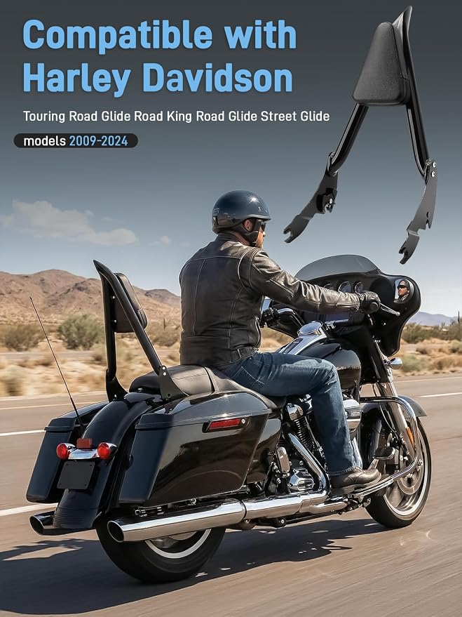 26" Motorcycle Sissy Bar Backrest, Detachable Passenger Backrest High-Strength Steel Sissy Bar Compatible with Harley Touring Street Road Glide Road King Street Glide 2009-2026