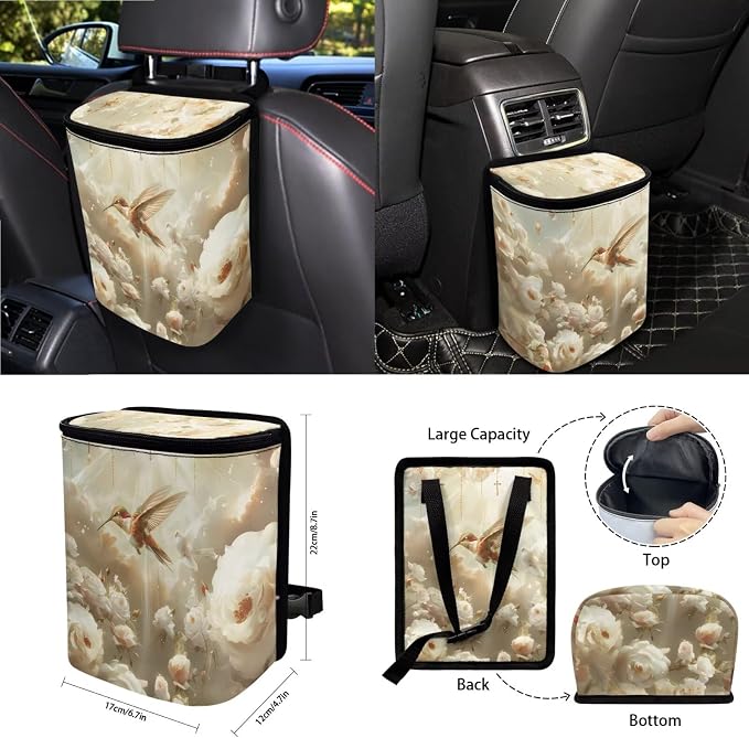 Hummingbird Flower Print Car Seat Covers Full Set with Steering Wheel Cover for Women, Decorative Safety Belt Pads Cup Cushions Storage Trash Can Car Air Vent Organizer