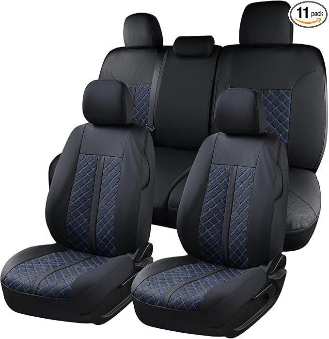 Truckiipa Full Set Leather Seat Covers Fit for Toyota Tacoma Full Coverage Waterproof Seat Covers Cushion Protector Fit for 2016-2023 Toyota Tacoma Double Crew Cab, Full Set, Black&Blue