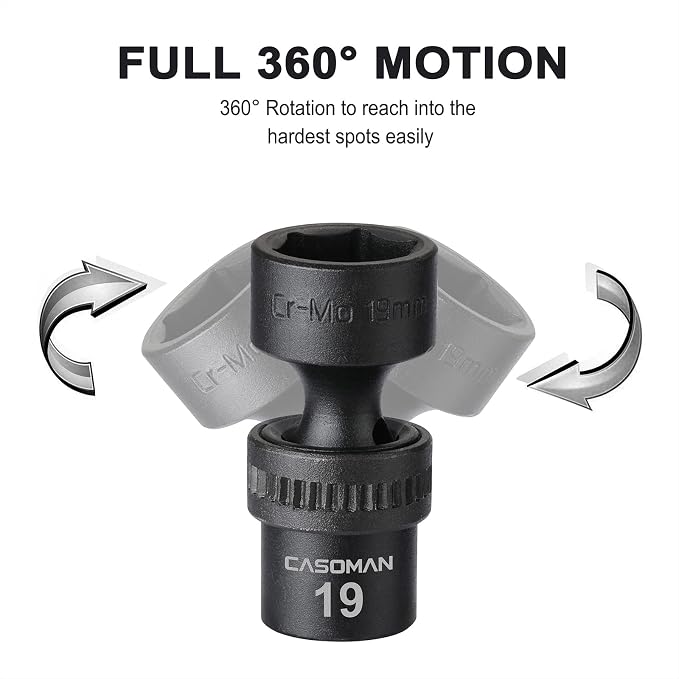 CASOMAN 10 PCS 3/8" Drive Standard Universal Impact Socket Set, 6 Point, CR-MO, Metric,10-19mm