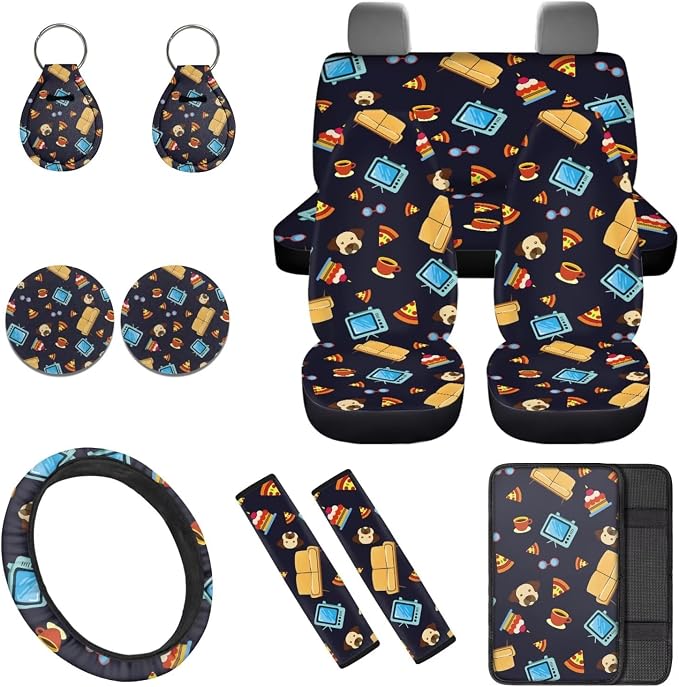 Cartoon Style 12 Pcs Car Seat Covers Full Set with Steering Wheel Cover,Seat Belt Covers Cup Holder Center Console with Keychain Universal Fit for Cars SUV