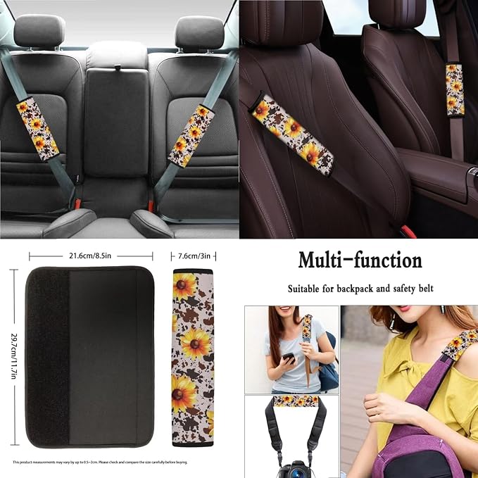 Xoenoiee Sunflower and Cow Skin Print 11 Pcs Universal SUV Car Seat Covers Auto Interior Accessories Full Set with Steering Wheel Covers, Seat Belt Pads, Key Chain, Car Cup Mat