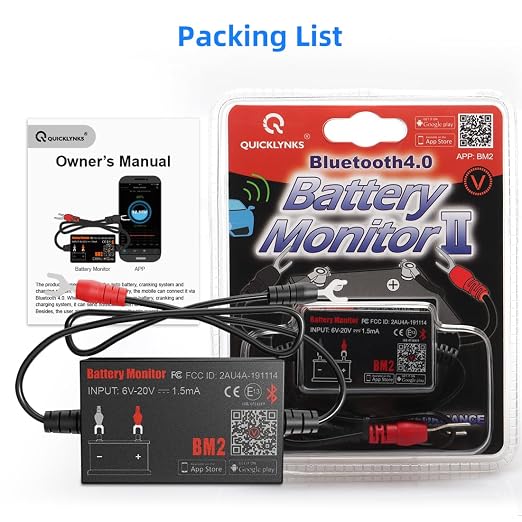 BM2 Bluetooth Battery Monitor 12V Car Battery Tester for Lead Acid Battery, LowVolt Alarm for All 12 Volts Solar Power Systems/RVs/Motorcycles/Boats/Cars Compatible with iPhone and Android