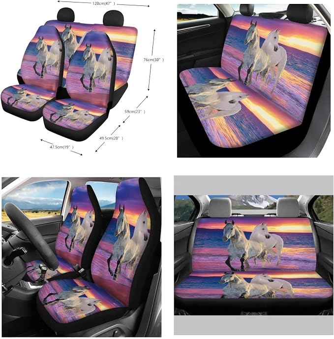 Suobstales Beach Horse Car Seat Covers for Women Animal Print Car Accessories with Steering Wheel Cover, Universal Seat Belt Pads, Cup Coaster, Keychain Full Set Interior Cover for Trucks SUV Van