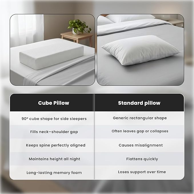 24x12x4 Pillow Cube for Side Sleepers with 2 Pillow Cases(White & Gray) Memory Foam- Medium Firm Design Ideal for Neck,Shoulder Pain Relief & Cervical Support - Made of Odorless Fabric
