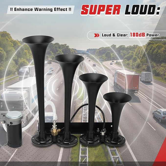 PTNHZ Single Row 4 Trumpet Air Horns Kit w/Air Compressor (No Wiring Harness & Button Switch) 12/24V Super Loud 178dB Universal for Pickup Car Jeep SUV Train Boat(Black)