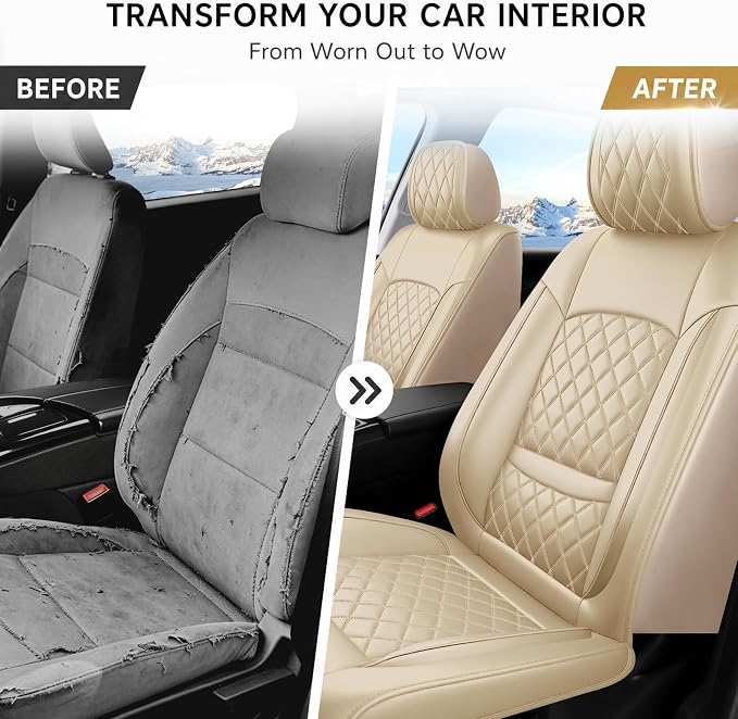 Fit Escape Car Seat Covers for Ford Escape 2001-2025 2026 - Luxury Leather, Anti-Slip, All-Weather, Waterproof & Breathable, Airbag Compatible, 2 Front Seats Only (Beige)