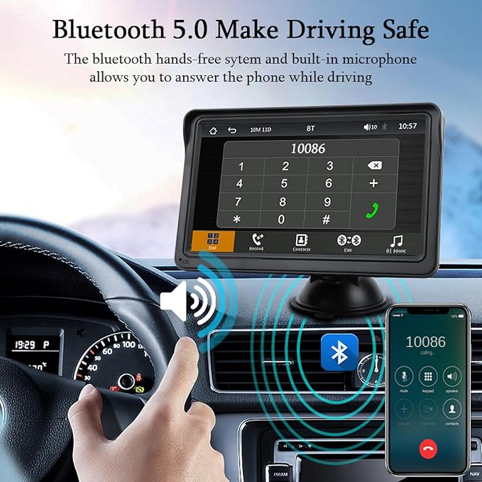 7" Portable Car Stereo Wireless CarPlay & Android Auto Screen for 2024 Latest Car Portable Touchscreen Display with Bluetooth, GPS Navigation, Voice-Control, 360° Rotation