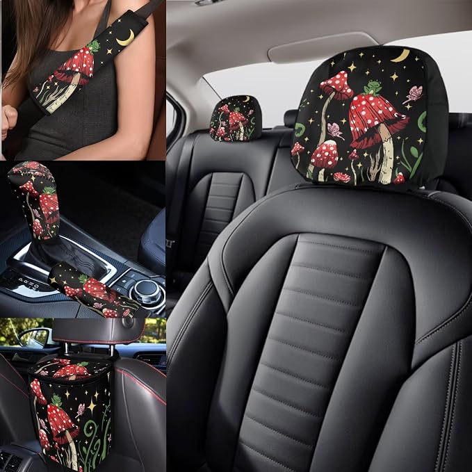 17Pcs Mushroom Car Seat Covers Set for Front and Rear Full Set,Starry Sky Mushroom Car Accessories for Women with Shoulder Pad,Car Seat Head Rest Protector for Auto Front Seat Rest Decor