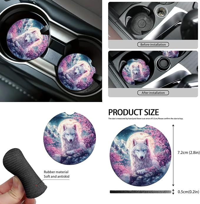 Cherry Blossoms Wolf Car Seat Covers Full Set for Women Floral Car Accessories Steering Wheel Cover Seatbelt Pad Coasters Trash Can Car Headrest Pillow Covers Armrest Pad
