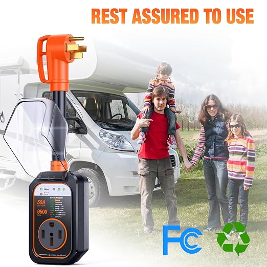 GEARGO RV Surge Protectors 50 Amp Waterproof, [𝟐𝟎𝟐𝟔 𝐍𝐞𝐰 𝐔𝐩𝐠𝐫𝐚𝐝𝐞𝐝] RV Circuit Analyzer, Full Protection RV Adapter Plug for Camper(Orange)