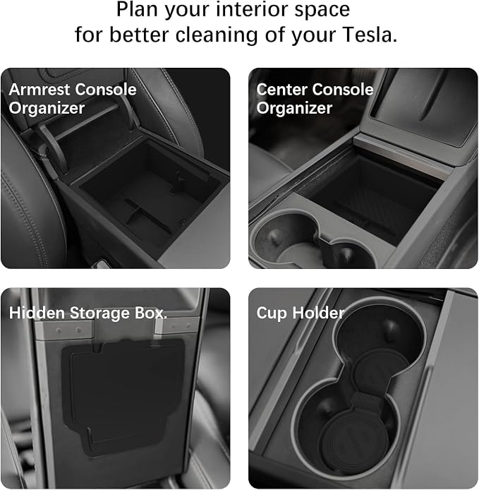 Center Console Organizer Tray for Model Y Juniper 2025 2026 & Model 3 Highland (2024-2026), Double-Layer Sliding Hidden Armrest Storage Box, Tesla Accessories (Matte Black)