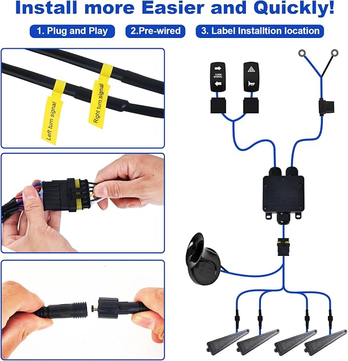 UTV Turn Signal Kit with Rocker Switch and Triangle Amber Light,Horn,Pre-Wired, Plug and Play, Compatible with Polaris, Pioneer, CFMOTO,Can-Am, Kawasaki