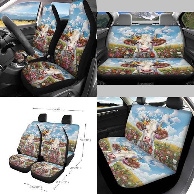 Cow Floral Print 15 PCS Car Front Back Seat Cover Full Set, Seat Belt Strap Pad Steering Wheel Covers Air Vent Storage Bag Cup Holder Rear View Mirror Cover Key Chain Auto Decor