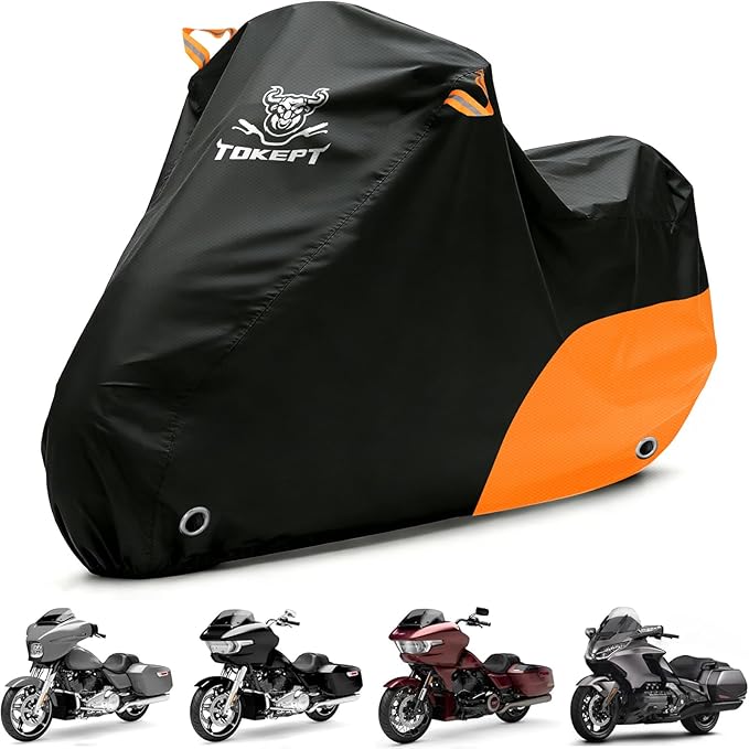 Motorcycle Cover Waterproof All Season Outdoor Protection, Fits up to 104 Inch, Compatible with Cruisers & Touring Models, with Locking Holes & Reflective Strips (Black&Orange)